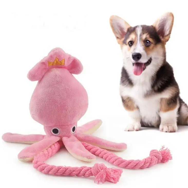 Hot Sale Pet Toys Custom Marine Animal Pink Octopus Squid Plush Cotton Rope Squeaky Dog Toy