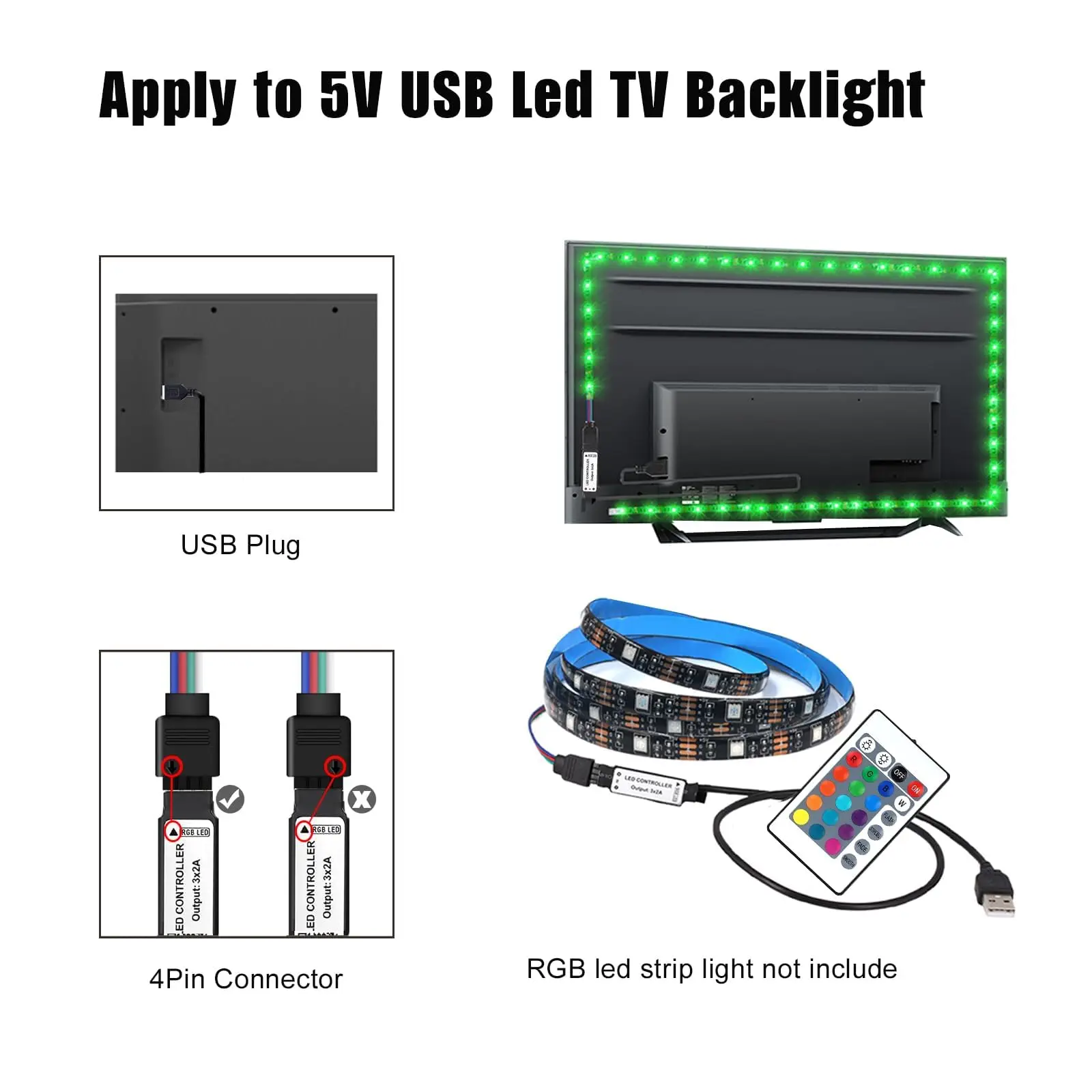 USB Led Light Controller, 5V Led Light Remote Replacement with 24 Key Infrared Remote for DC 5v 5050 3528 RGB LED Strip Light