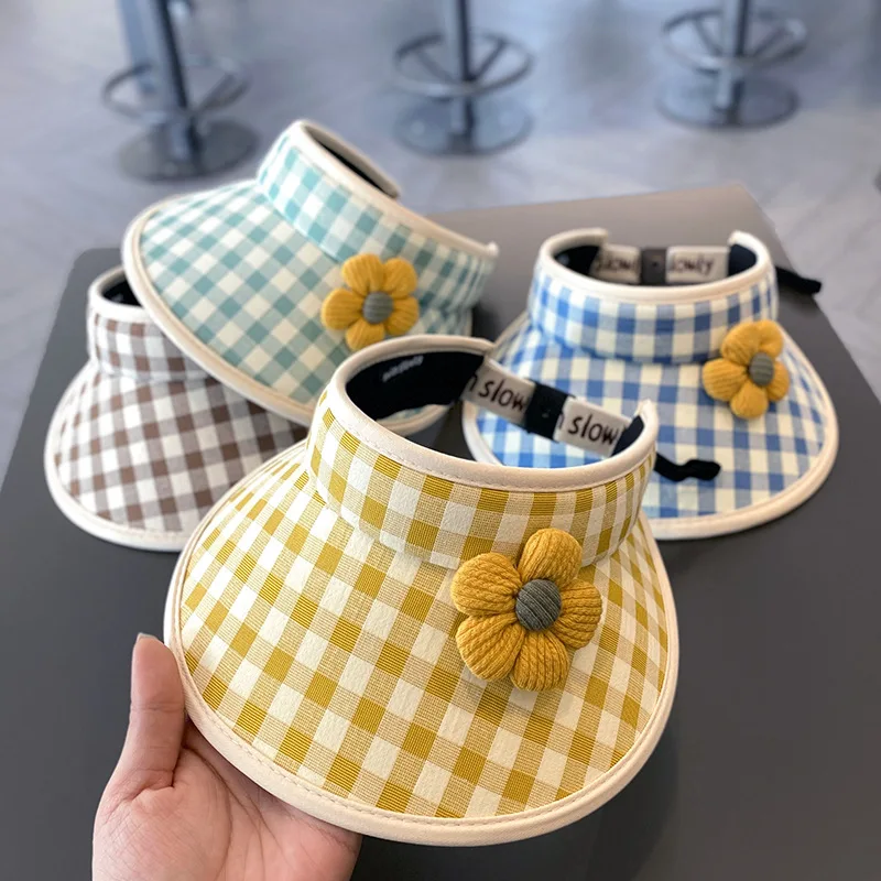 Children empty top cotton printed cute cap wide brim kids UV protection outdoor Sunvisor