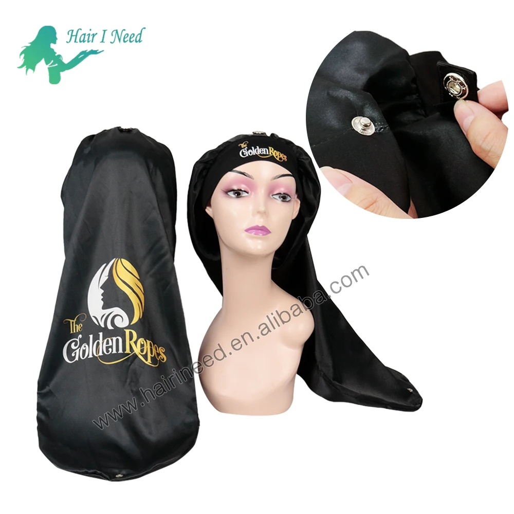 Private Label Braid Bonnets Custom Satin Long Bonnet With Snap Button Adjustable Extra Long Satin Hair Bonnet