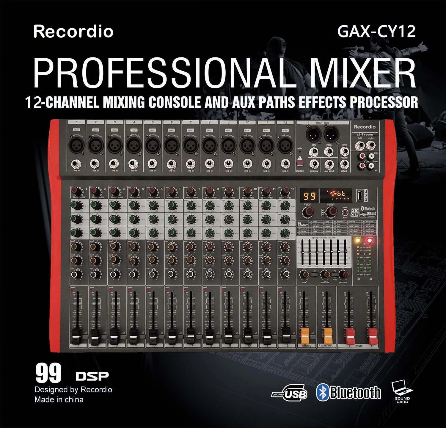GAX-CY12 Профессиональный 12-канальный микшерная консоль с Blueteeth dj микшер аудио 99 dsp-эффекты фантомного питания 48V USB