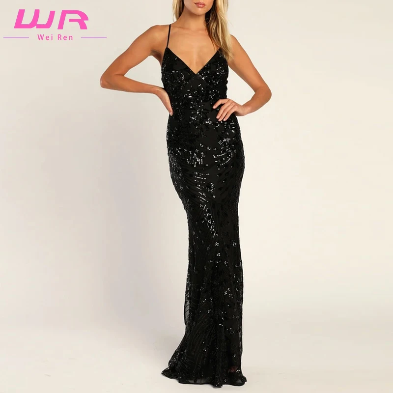Wholesale Ladies Elegant Prom Long Dress Sequins Sleeveless Black Sequin Lace-up Sexy Party Maxi Evening Dresses For Women