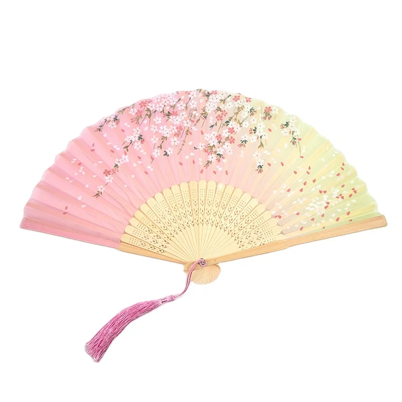 New Bamboo Folding Fans Handheld Silk Fabric Hand Holding Fans For Party Wedding Gifts Women Hollowed Foldable Fan