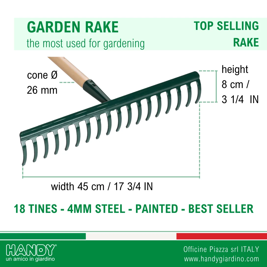 Superior Quality 18 Tines 4mm Steel Rake Made in Italy Industrial Grade for Farming Agriculture Gardening
