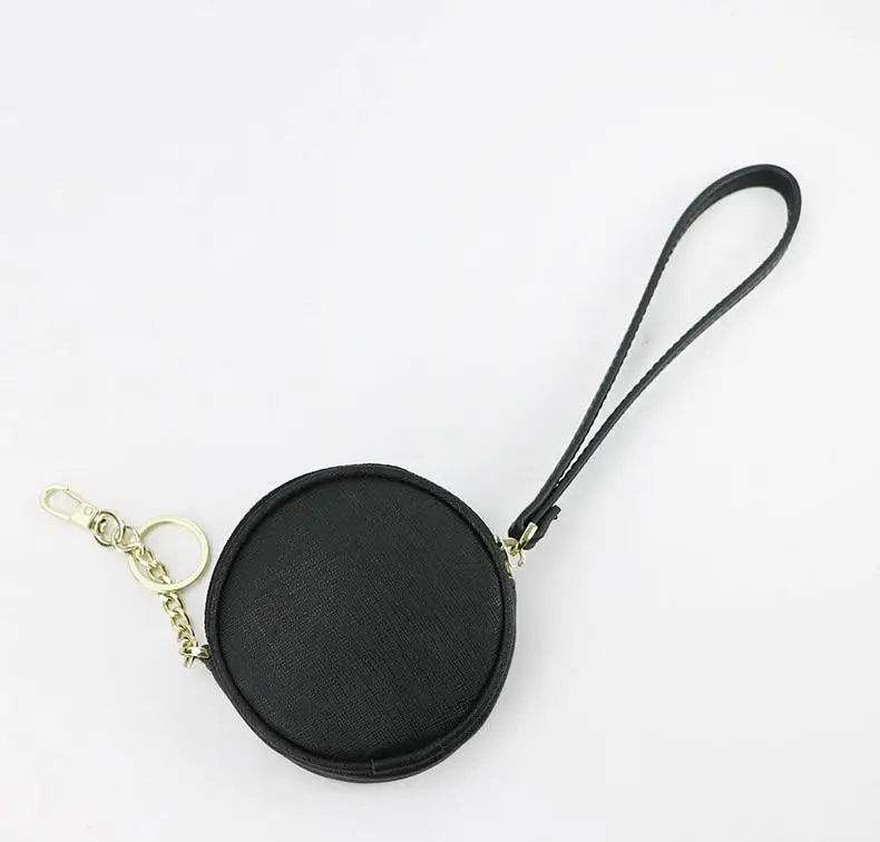 Designer Zipper Durable Genuine Keychain Small Round Coin Purse Bag Saffiano Leather