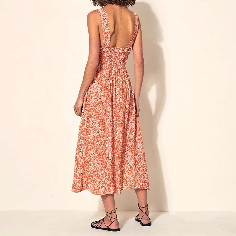 2023 Grace summer new temperament elegant v-neck suspender elastic waist beach print dress vacation wear midi linen dresses