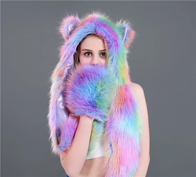Rainbow Fur Animal Hat Gloves Mittens 3-in-3 Function Furry Hat with Paws