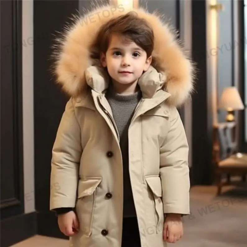 Custom Apparel 2023 Hot Sale Warm Trench Coat Children Hooded Kids Real Fur Winter Coats