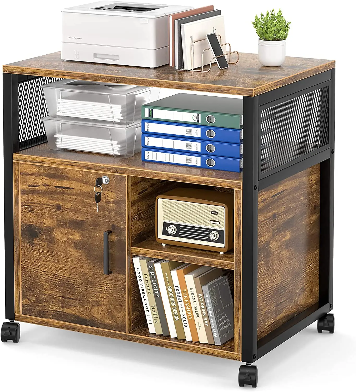 Wheel Side Iron Frame Mobile Office Printer Stand With Door Lockable Rolling Filing Cabinet