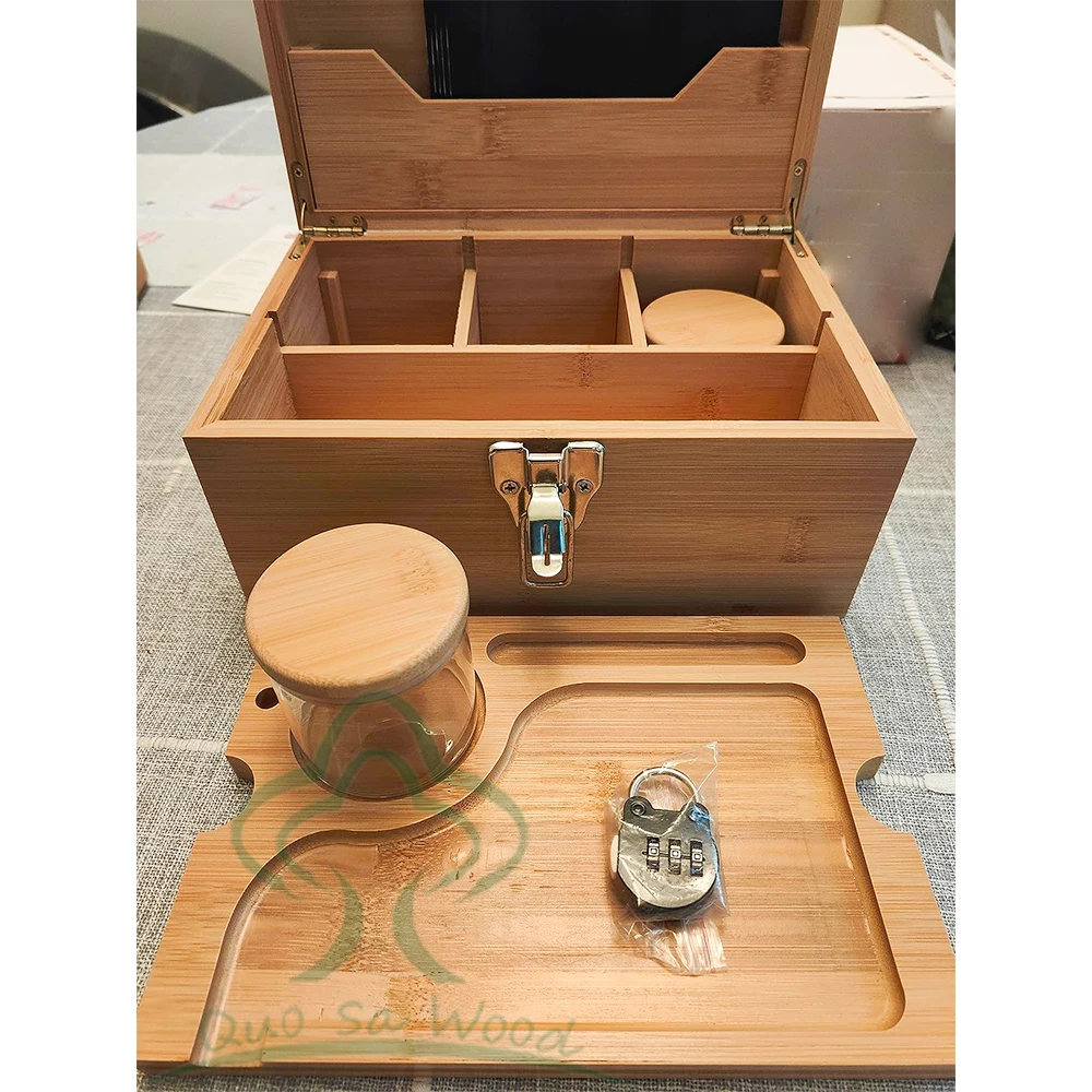 Large Bamboo Wooden Box Tray Set, Locking Storage Decorative Box for Home with Combination Lock, Rolling Tray Stash Box