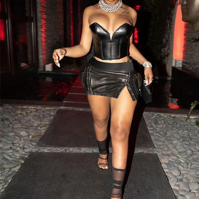 Sexy Women Leather Outfits Pu Crop Top And Mini Skirts 2 Piece Sets Ladies Sexy Pu Leather Two Pieces Skirt Sets Women Clothing