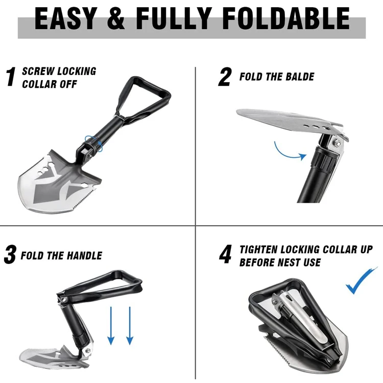 Bochen Folding Survival Portable Camping Shovel High Carbon Steel Entrenching Tool Tri Fold Handle Shovel Hiking Digging