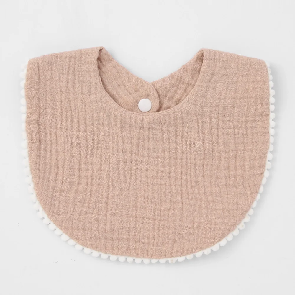 Baby Drooling Bibs Baby Burp Cloths Toddler Kids Muslin Pom Pom Trim Feeding Bib Muslin Cotton Bandana Drool Bibs with Pompoms