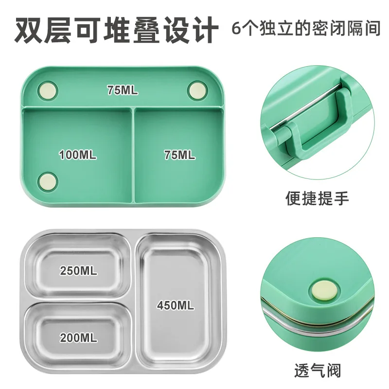 Children Leakproof Bento Lunch Box Stainless Steel 3 Compartment Lunch Box with Cutlery for Kids and Adult