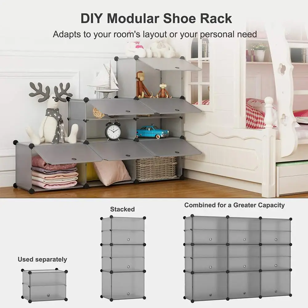 15-Cube Shoe Rack DIY Organizer, Cubby Modular Shelving Storage Plastic Cabinet with Doors