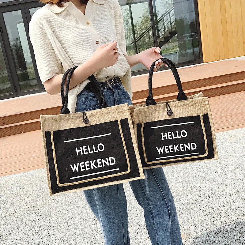 B168 Accept small qty natural and black burlap jute tote bag shopping with logo printed