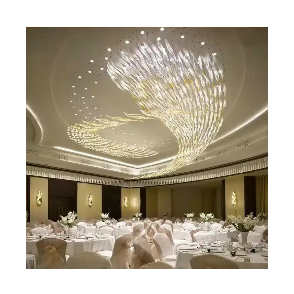 Custom luxury design gold color large led chandelier lamp extra large tall ceramic leaf chandelier high for Hotel Lobby