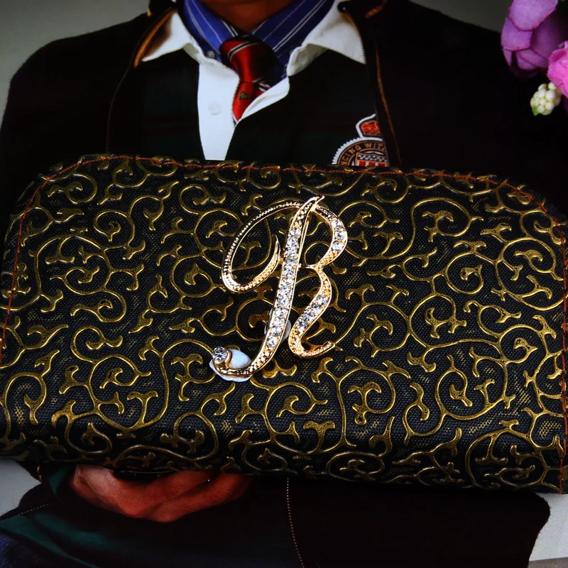 A-Z 26 Letters Pins Brooches Silver Plated Metal Broaches Pins-Clear Crystal Initial Breast pin