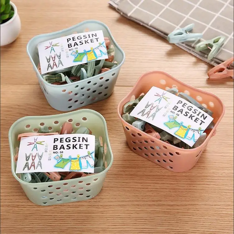 Strong Windproof Clip 7 Colors Plastic Clothing Peg with Storage Basket for Household Good Quality 30 Piece of Clothes Pegs