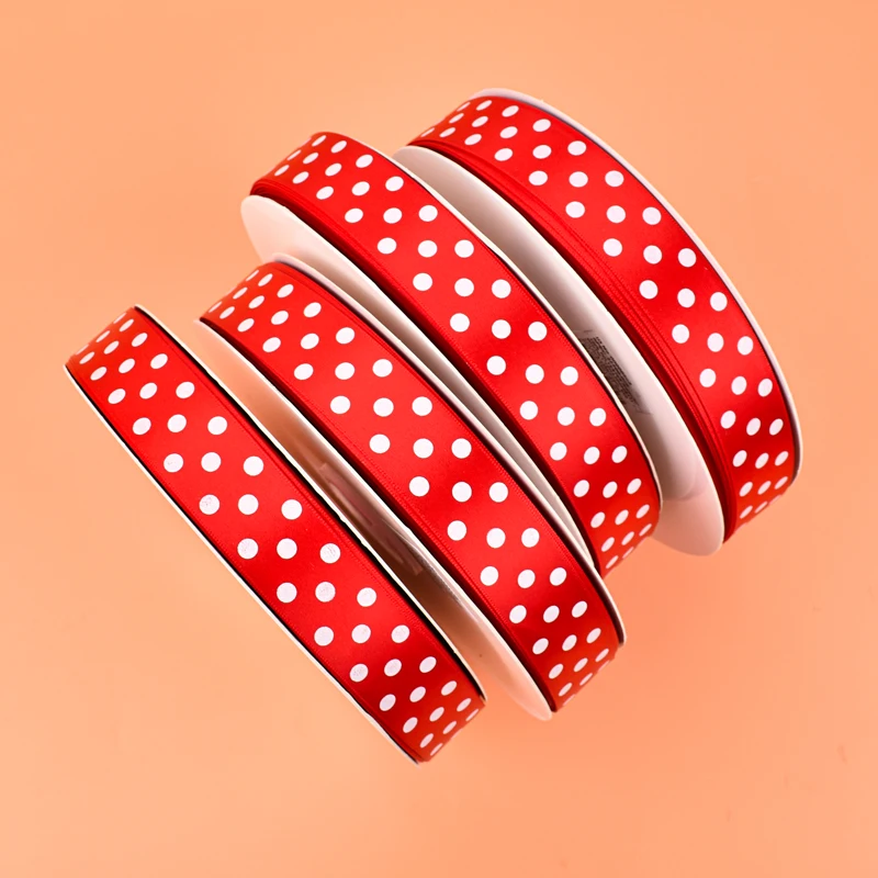 Customised Ribbon Roll White Polka Dot 25mm Satin ribbon With Logo Dot Printing ribbons