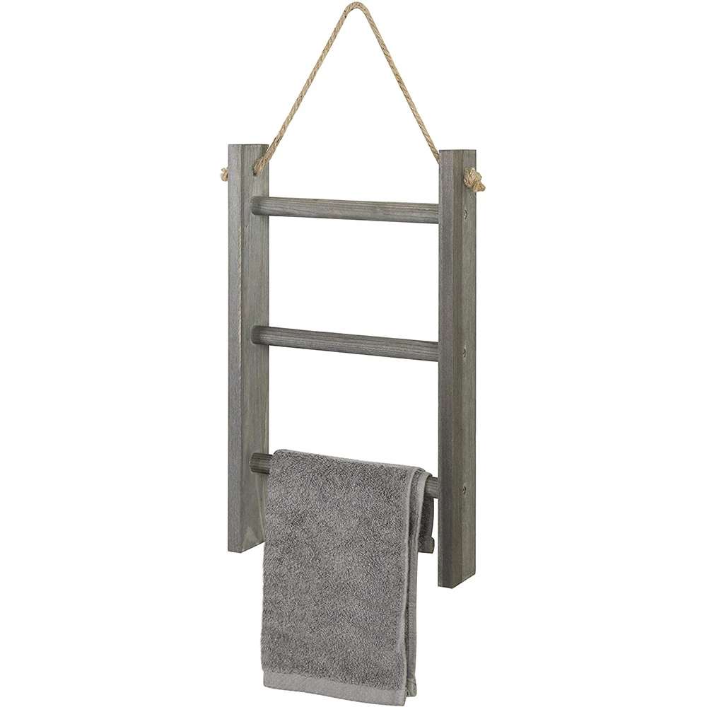 Floor 3 mini plain grey wood wall hanging towel storage ladder with rope