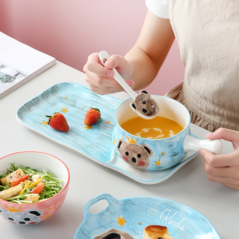 Koala custom made high quality ceramic plate and mini size soup bowl with handle for dessert home kitchen