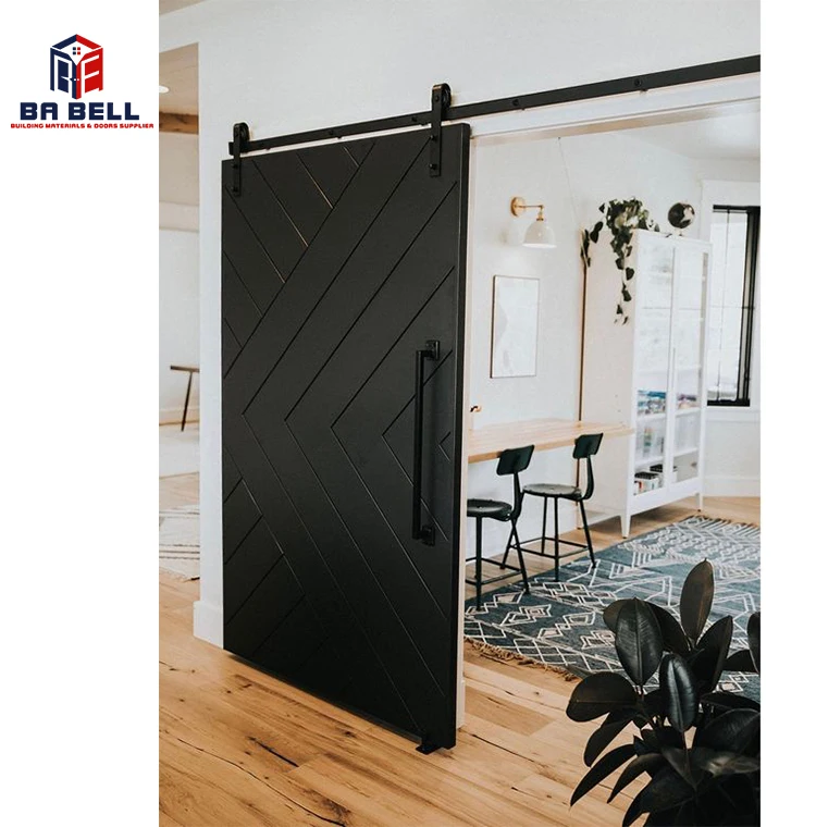 Sliding simple black wooden barn door mdf hdf room interior modern design wood door