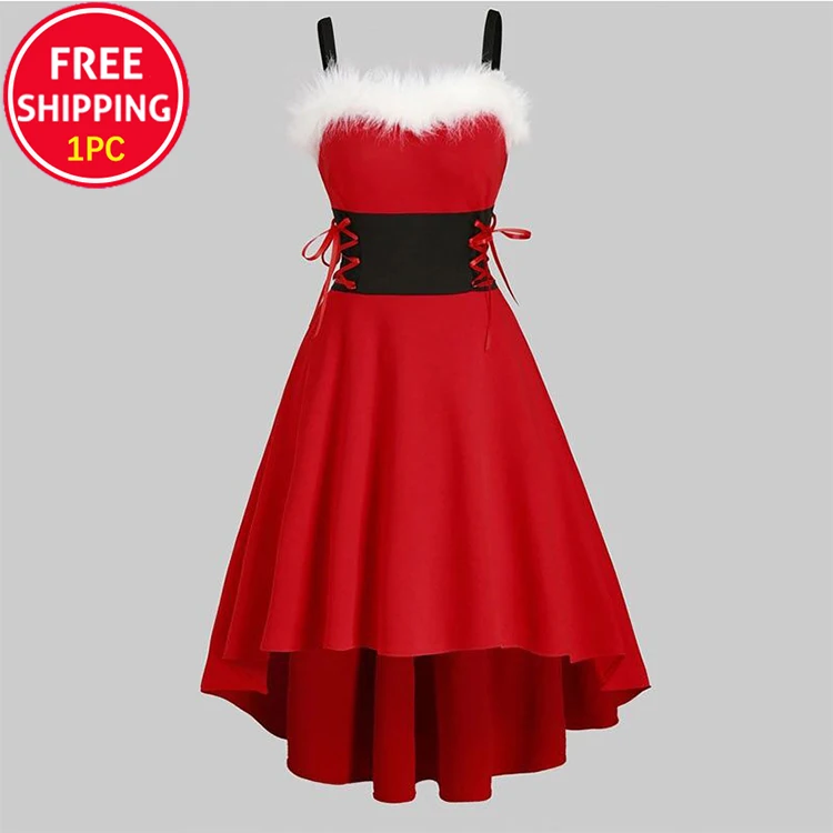 Autumn Christmas Red Off-The-Shoulder Black Tie-Waist Bow Party Sexy Sling Dress