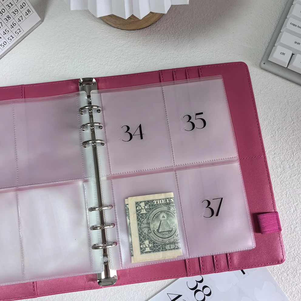 Factory Low MOQ Refillable Custom Number 1-100 Money Savings Challenge Sleeve Top Loading Currency Pages Four Pocket Envelope A5