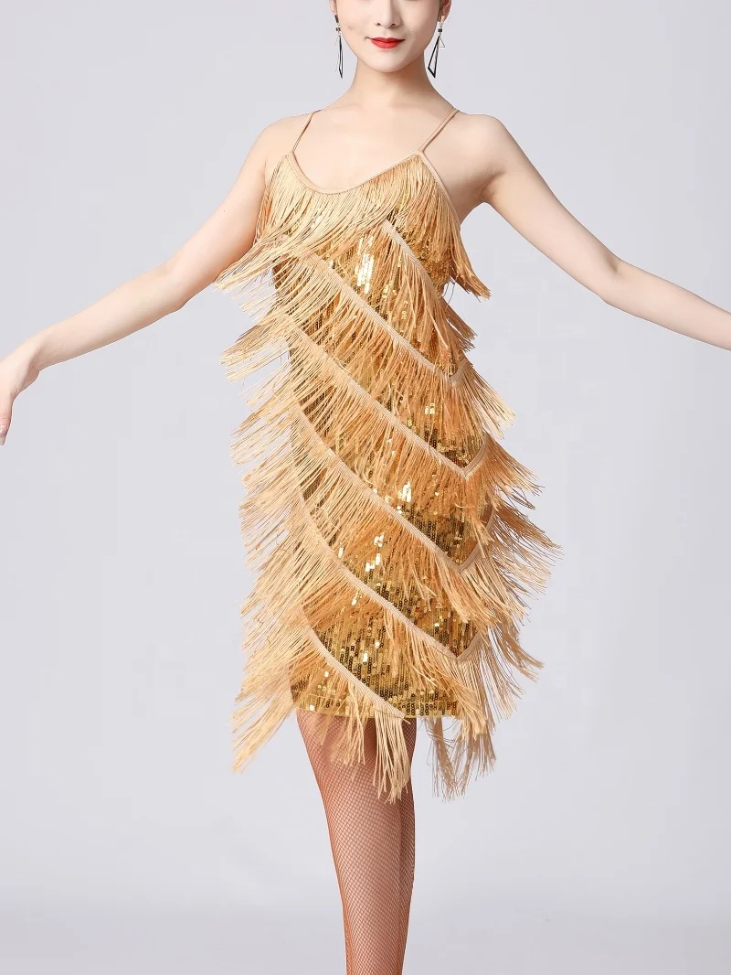 Hot Sale Womens Sequins Fringed Performance Dress Samba Tango Latin Dance Costume Tassel Dance Dresses