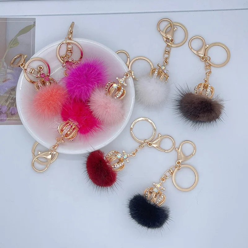 2022  Mink Hair Ball Pompom Crown Diamond  Keychain Lady Bag Accessories Metal key chain  Gift Bag Decoration Pendant