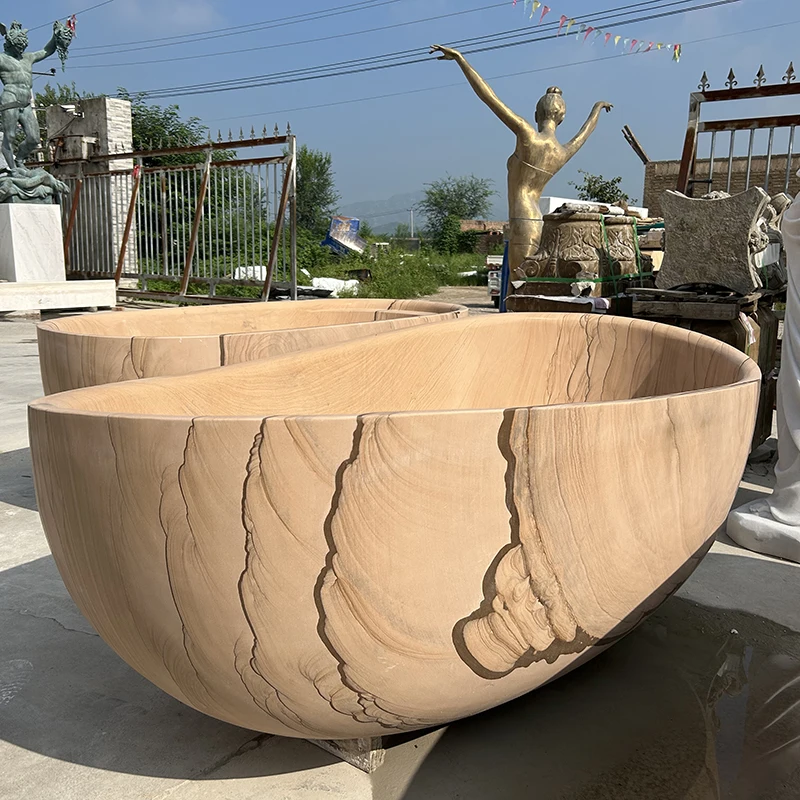 MUSI Custom Made Oval Round Stand Bathtub and Bathroom Stone Solid Surface Freestanding Wooden Veins Sandstone for Modern Bath