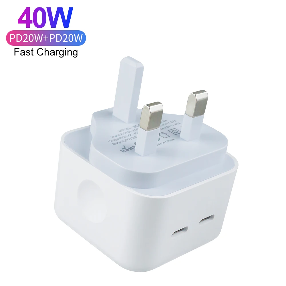 UK Plug Trend Products In 2022 PD 40W Fast Charging Double 20W Type C Port Travel Charger For iPhone 13 14 Pro Max