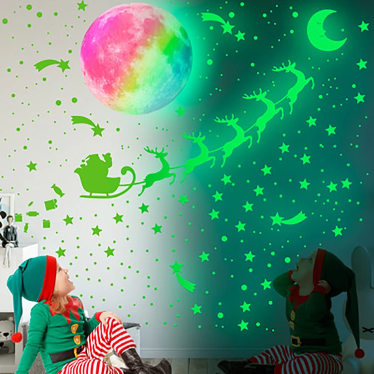 Hot Amazon PVC Kids Glow in the Dark Christmas Wall Decor Stickers for Kids