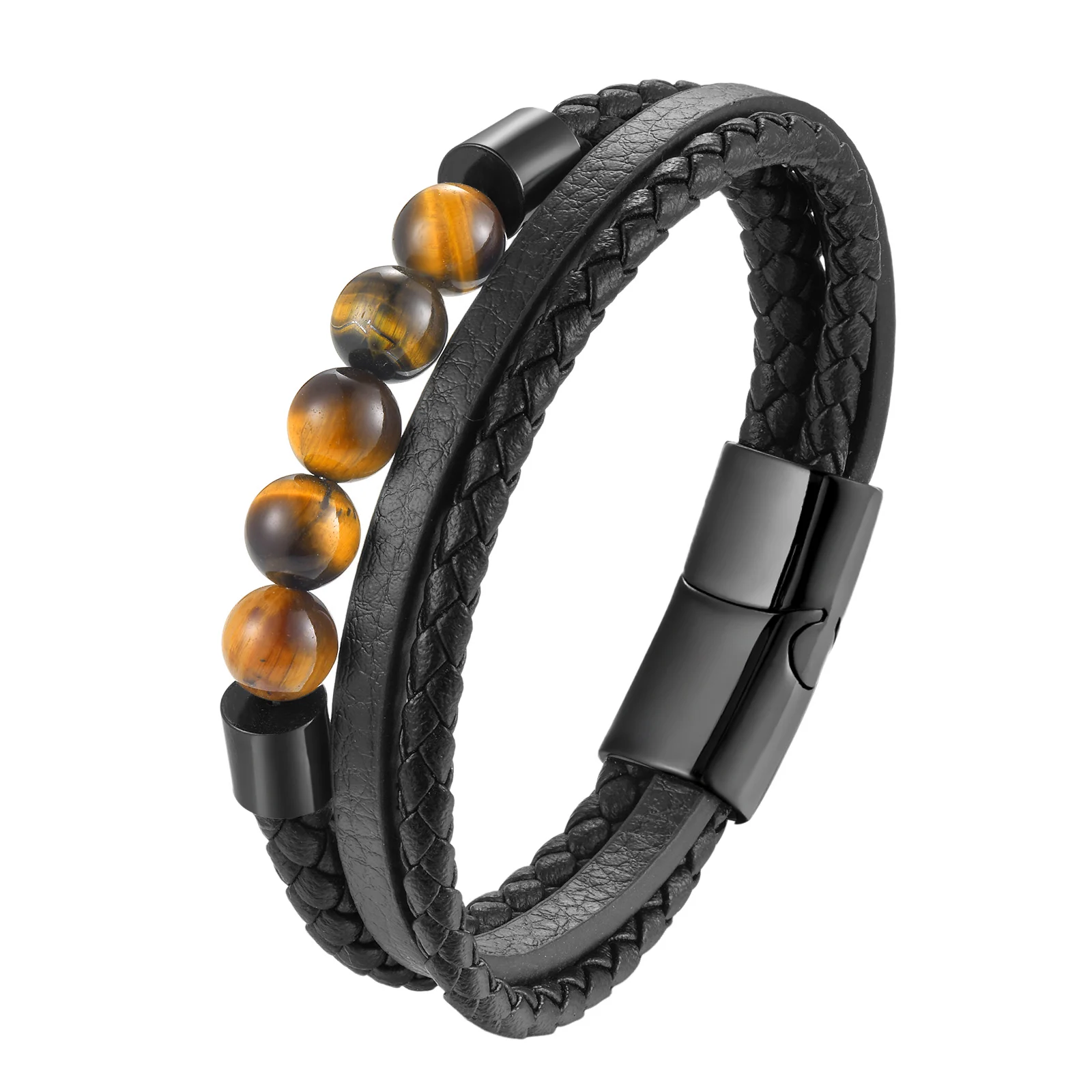 Punk Style 8mm Tiger Eye Stone Stainless Steel Magnetic Buckle Genuine Leather Rope Bracelet For Men Vintage Beaded Bracelet