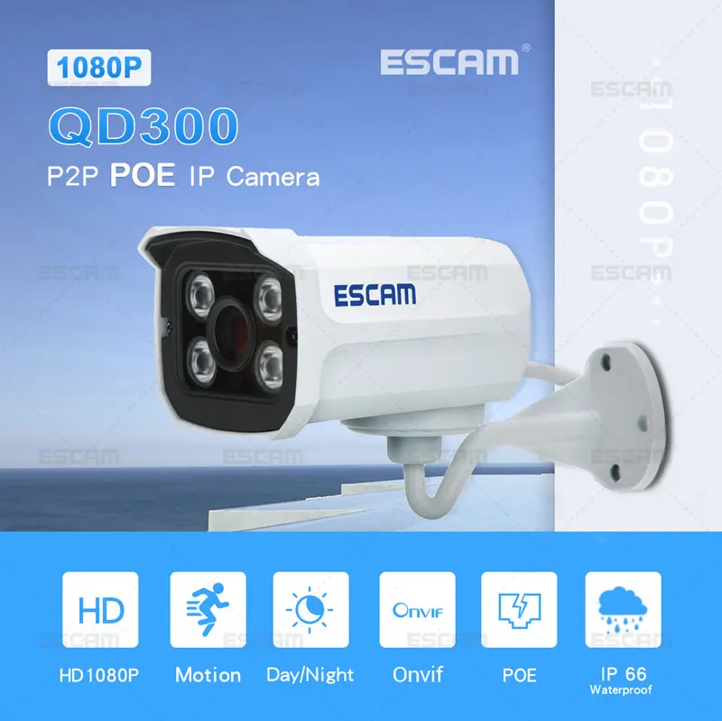 
ESCAM QD300 Outdoor Bullet Camera IP66 Surveilance Security CCTV IR P2P Onvif 2mp IP Camera POE 
