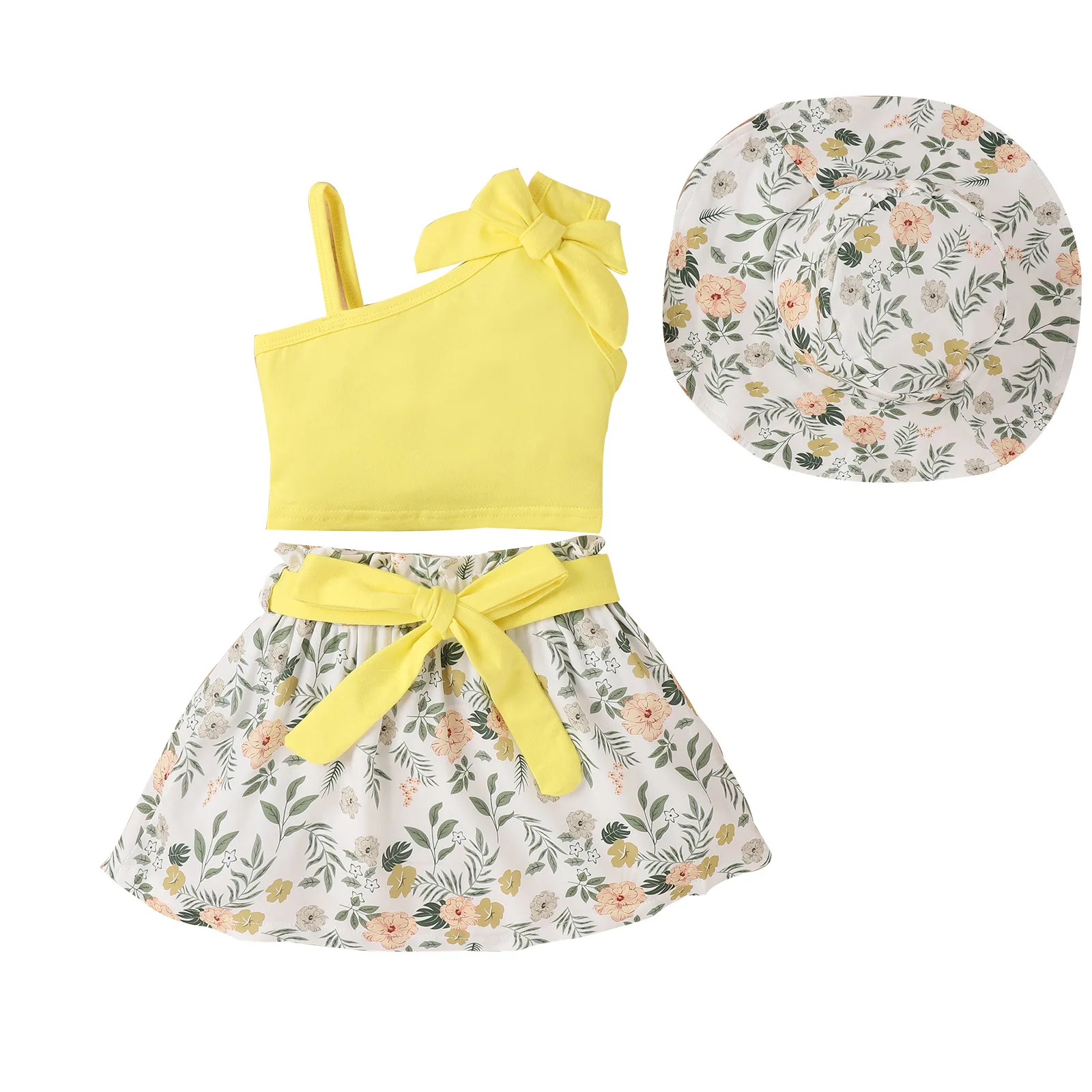 New fashion 3Pcs girls Suspender yellow top + floral yellow bow skirt + floral hat