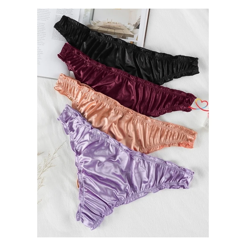 Wedding Day Shiny Silk Thong Bikini Pleated Women Sexy Lingerie Satin Ladies Panties Women Sexy Underwear