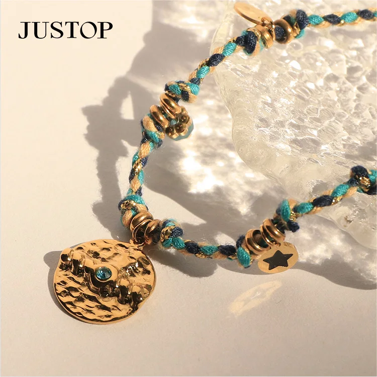 Jewelry Bohemia 18K Gold Stainless Steel Black Enamel Moon Star Cotton Braided Bracelet Clavicle Necklace Jewelry Set for Women