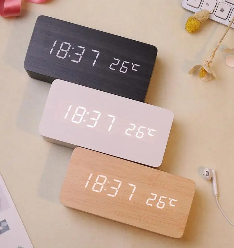 Nightlight Large Office Digital Clock Made Of Wooden With Led Screen Table Clock Portable Lamp