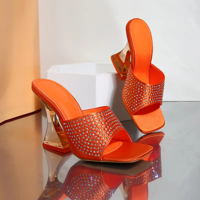 Summer Sandal Heels For Ladies Diamond Square Toe Brand Name Latest Women Sandals Transparent High Heel Sandals Slippers