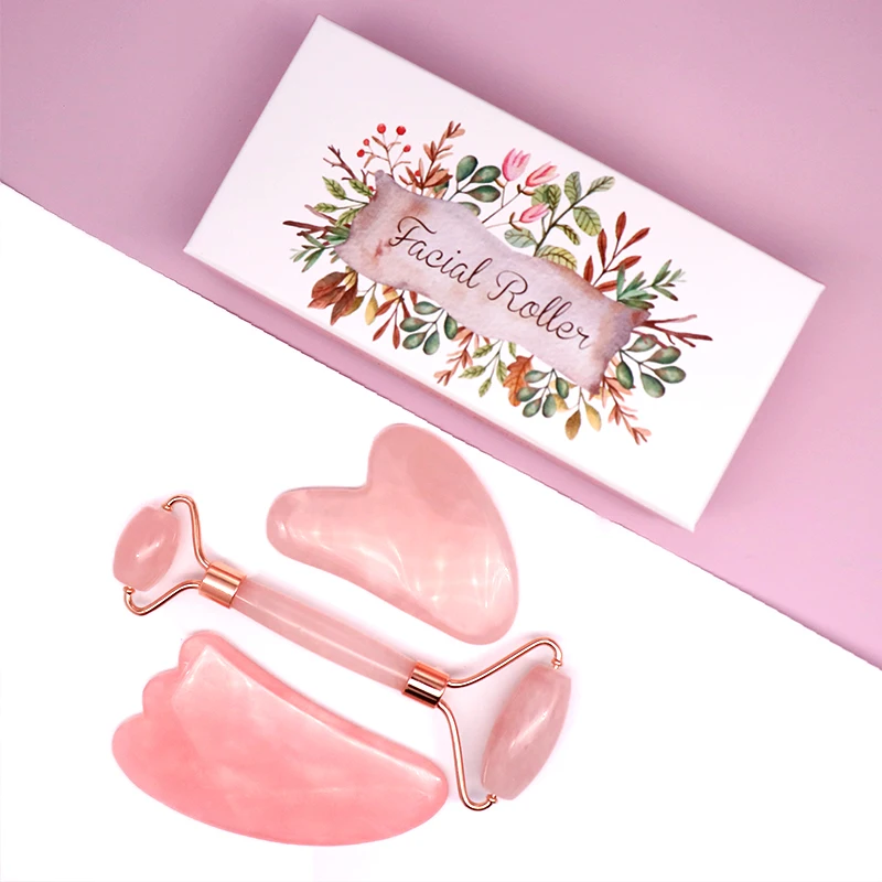 Wholesale Private Label Face Care Anti-Aging Rose Quartz Gua Sha and Jade Roller Of Clamshell Box Facial Roller