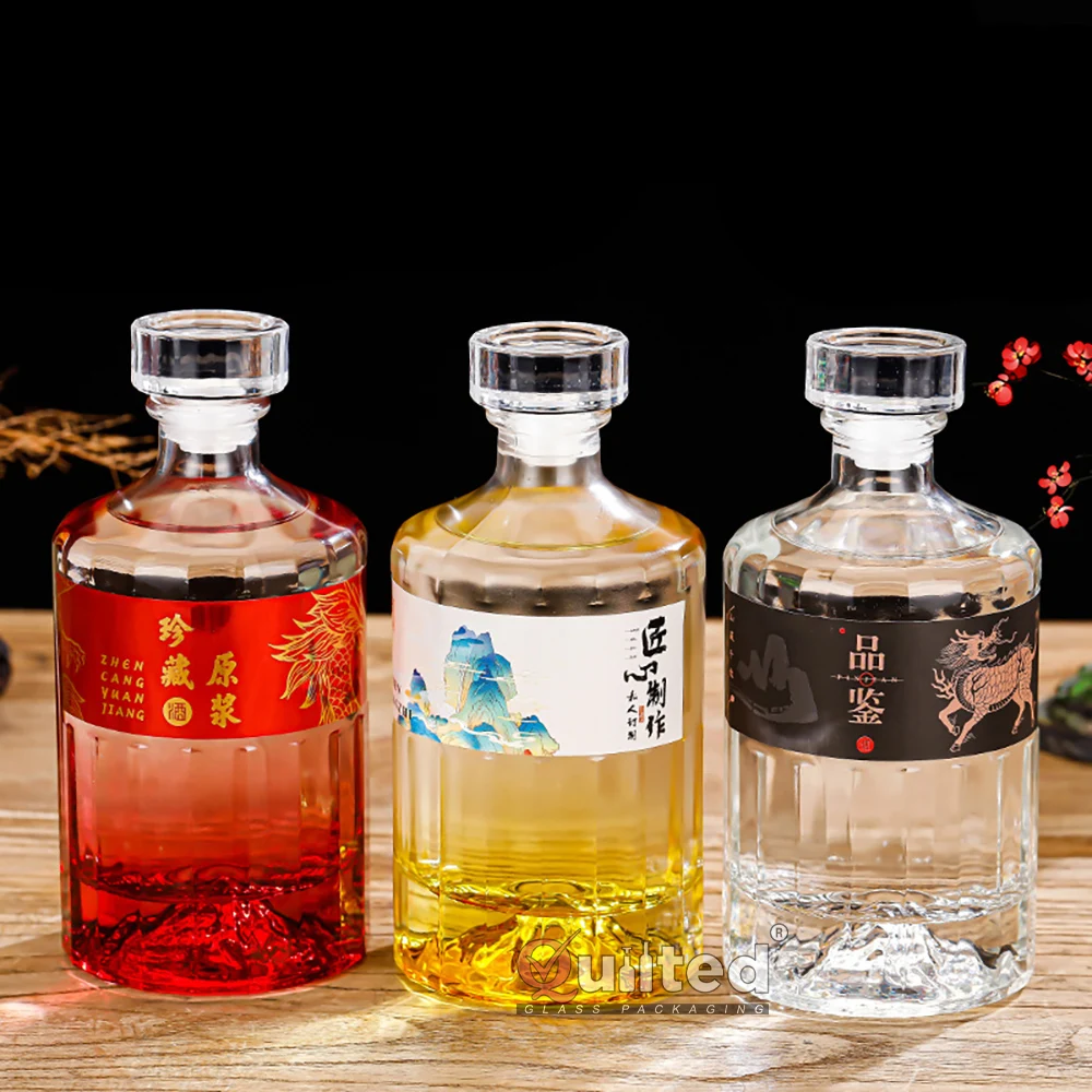 Custom ice mountain base 100ml 250ml 500ml empty liquor spirits glass bottle for vodka gin whiskey