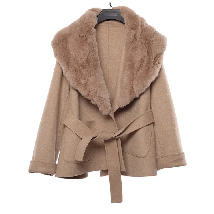 Factory wholesale JTF women rex rabbit jacket beige fur lapel handmade warm short wool coat