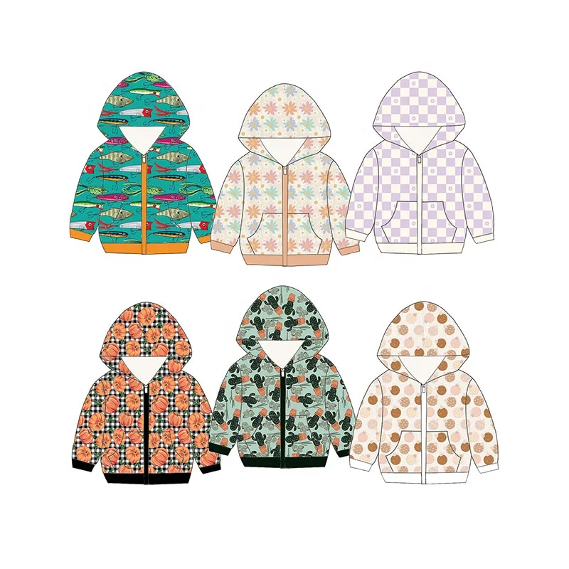 New Arrival Western Pattern  Kids Girls Long Zipper Hoodie Jackets Winter Clothes Tops