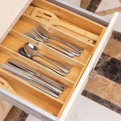 Большая расширяемая кухонная утварь, бамбуковый ящик-органайзер для столовых приборов, регулируемый органайзер для столовых приборов