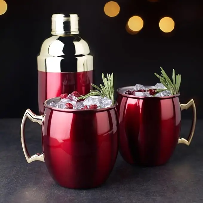Red Moscow Mule Mug and Cocktail Shaker Gift Set Holiday Bar Gift Mule Moscow Mug Red Stainless Steel