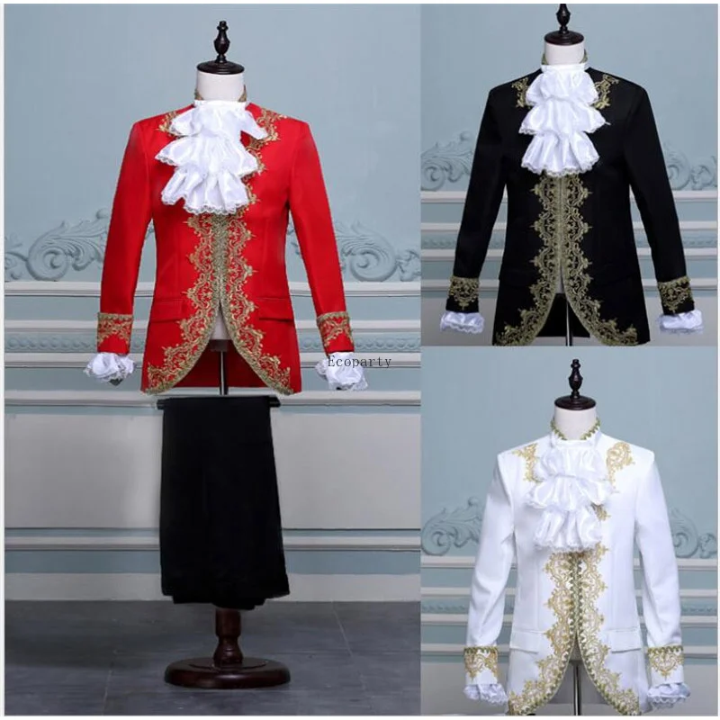 New Men Renaissance Costume Vintage Military Tunic Court Jacket and Pant neckties Set Uniform Top Coat Fancy Dress Medieval
