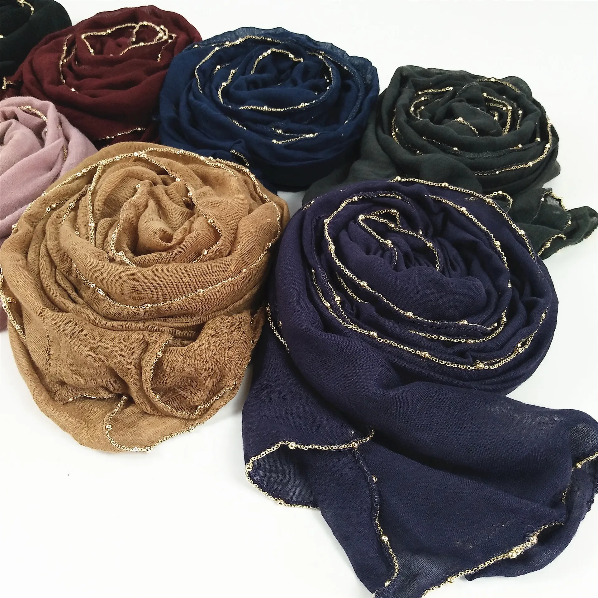 Popular Bling Gold Ball Chain Soft Cotton Hijab Muslim Hijab Shawl Turban Arab Girls chiffon Hijabs