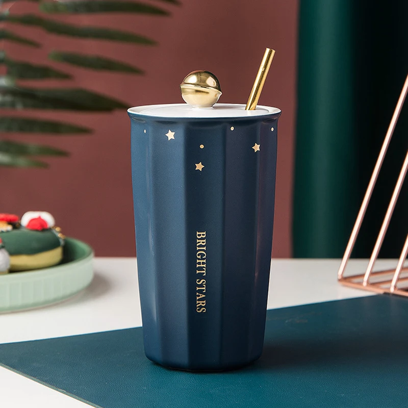 Nordic fashion simple with lid ceramic cup creative double-layer insulation with straw men and women couple mugs